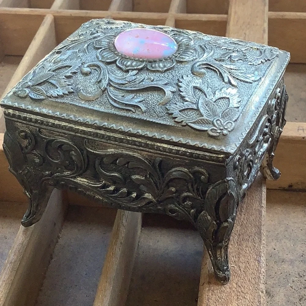 Antique Vintage Bundle Lot 3 Silver Cast Metal Jewelry Trinket Boxes